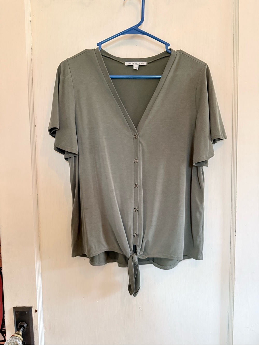 Green Envelope Sage Green Button-Front Tie Hem Blouse